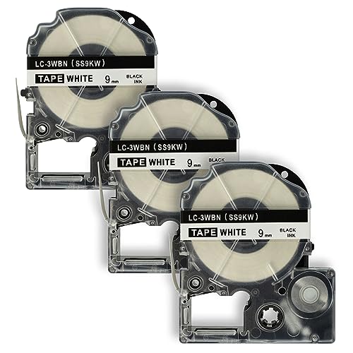 vhbw 3x Schriftband-Kassette kompatibel mit Epson LabelWorks LW-1000P, LW-600P, LW-500, LW-400, LW-300 Etiketten-Drucker 8m x 9mm Schwarz auf Weiß von vhbw