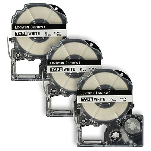 vhbw 3 x Kassette Patronen Schriftband 9mm kompatibel mit Epson LabelWorks LW-700, LW-300, LW-400, LW-500, LW-900P Ersatz für LC-3WBN, SS9KW. von vhbw