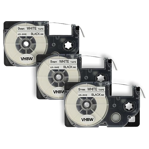 vhbw 3x Schriftband-Kassette Ersatz für Casio XR-9WE, XR-9WE1 für Etiketten-Drucker 9mm Schwarz auf Weiß von vhbw