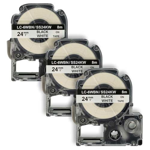 vhbw 3x Schriftband-Kassette Ersatz für Epson LC-6WBN für Etiketten-Drucker 8m x 24mm Schwarz auf Weiß von vhbw