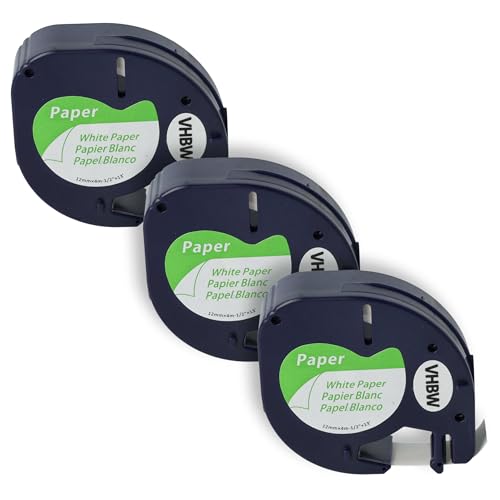 vhbw 3x Schriftband-Kassette Papier kompatibel mit Dymo LetraTag LT-100H, LT-100T, QX50, XR Etiketten-Drucker 4m x 12mm Schwarz auf Weiß von vhbw