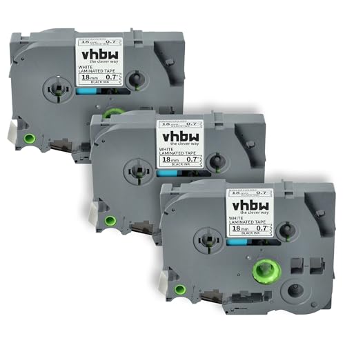 vhbw 3x Schriftband-Kassette kompatibel mit Brother PT 2400 E, 2450, 2420 PC, 2430 PC, 2450 CC, 2450 DX Etiketten-Drucker 8m x 18mm Schwarz auf Weiß von vhbw
