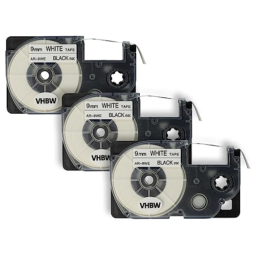 vhbw 3x Schriftband-Kassette kompatibel mit Casio KL-7200, KL-60, KL-70E, KL-300, KL-7000, KL-7400, KL-200E Etiketten-Drucker 9mm Schwarz auf Weiß von vhbw