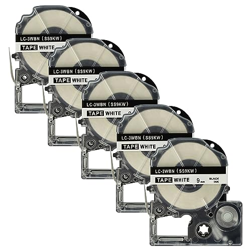 vhbw 5 x Kassette Patronen Schriftband 9mm kompatibel mit Epson LabelWorks LW-700, LW-300, LW-400, LW-500, LW-900P Ersatz für LC-3WBN, SS9KW. von vhbw