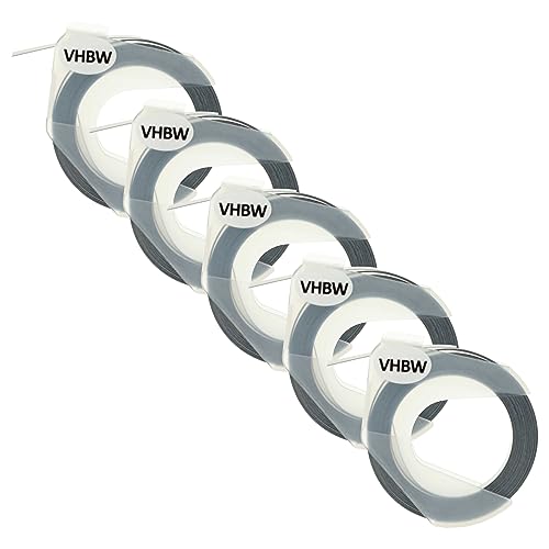 vhbw 5x 3D Prägeband-Schriftband-Kassette kompatibel mit Dymo Maxi 1755, Label Buddy 20008 Etiketten-Drucker 3m x 9mm Weiß auf Schwarz von vhbw
