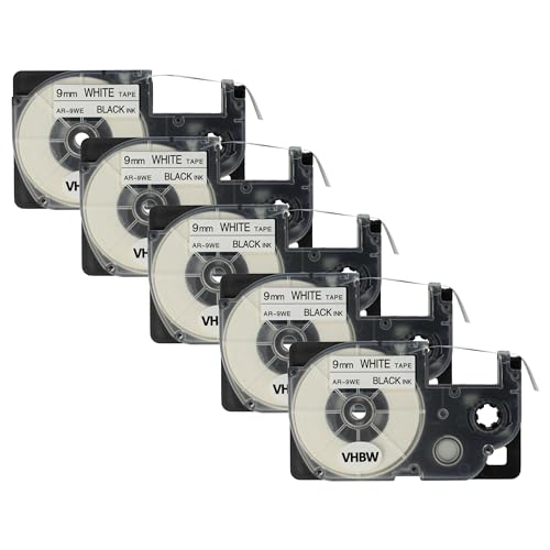 vhbw 5x Schriftband-Kassette kompatibel mit Casio KL-2000, KL-300, KL-70E, KL-200E, KL-60, KL-7000 Etiketten-Drucker 8m x 9mm Schwarz auf Weiß von vhbw