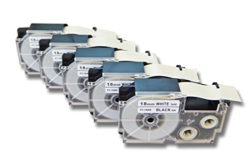 vhbw 5x Schriftband-Kassette kompatibel mit Casio KL-750E, KL-780, KL-8100, KL-820, KL-8200, KL-C500, KL-G2 Etiketten-Drucker 18mm Schwarz auf Weiß von vhbw
