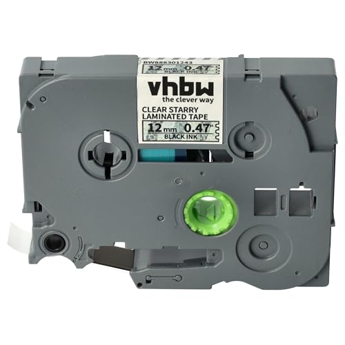vhbw Schriftband-Kassette kompatibel mit Brother PT 9400, 9200PC, 9200DX Etiketten-Drucker 8m x 12mm Schwarz auf Transparent (Glitter), Laminiert von vhbw