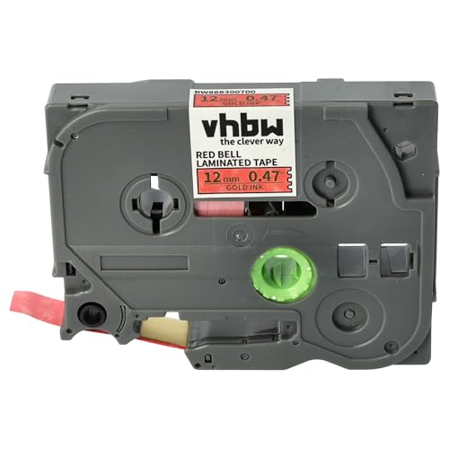 vhbw Schriftband-Kassette kompatibel mit Brother PT 9600, 9700PC, 9500pc Etiketten-Drucker 8m x 12mm Gold auf Rot (Glockenmuster), Laminiert von vhbw