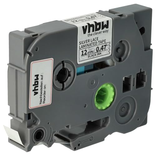 vhbw Schriftband-Kassette kompatibel mit Brother PT D210VP, D215e, D210BK Etiketten-Drucker 4m x 12mm Schwarz auf Weiß m. silberner Spitze, Laminiert von vhbw