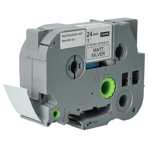 vhbw Schriftband-Kassette kompatibel mit Brother PT E500VP, E500, D800W Etiketten-Drucker 8m x 24mm Schwarz auf Matt-Silber, Extra Stark, Laminiert von vhbw