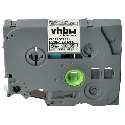 vhbw Schriftband-Kassette kompatibel mit Brother PT H100LB, H100R, E100VP Etiketten-Drucker 8m x 9mm Schwarz auf Transparent (Glitter), Laminiert von vhbw