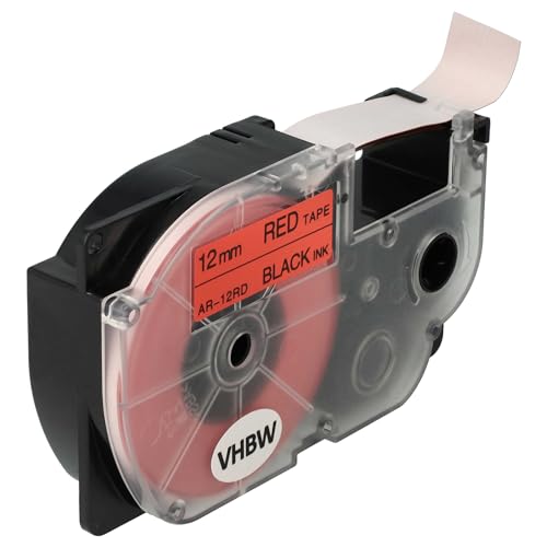 vhbw Schriftband-Kassette kompatibel mit Casio KL-7200, KL-60, KL-70E, KL-300, KL-7000, KL-7400, KL-200E Etiketten-Drucker 12mm Schwarz auf Rot von vhbw