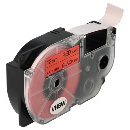 vhbw Schriftband-Kassette kompatibel mit Casio KL-7200, KL-60, KL-70E, KL-300, KL-7000, KL-7400, KL-200E Etiketten-Drucker 12mm Schwarz auf Rot von vhbw