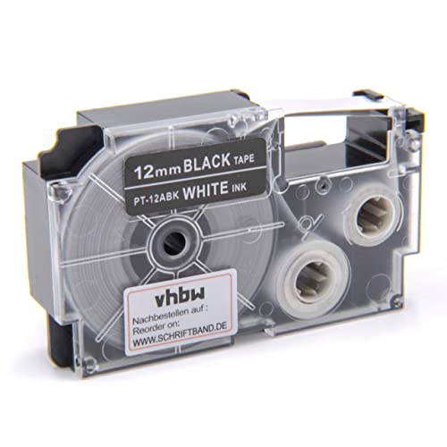 vhbw Schriftband-Kassette kompatibel mit Casio KL-7200, KL-60, KL-70E, KL-300, KL-7000, KL-7400, KL-200E Etiketten-Drucker 12mm Weiß auf Schwarz von vhbw