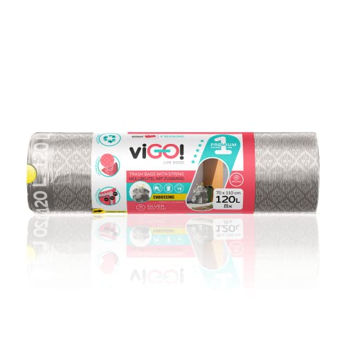viGO! - Müllbeutel I mit Zugband I 1 Rolle I 120 Liter x 8 Stück I LD Müllsäcke I 3-Schicht-Prägefolie I Zugfest und Reißfest I Dauerhaft I 4 Seasons Silver viGO! - Müllbeutel I mit Zugband I 1 Rolle I 120 Liter x 8 Stück I LD Müllsäcke I 3-Schicht-Prägefolie I Zugfest und Reißfest I Dauerhaft I 4 Seasons Silver von viGO
