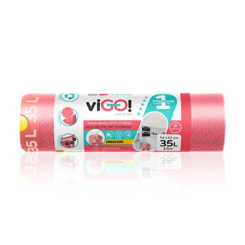 viGO! - Zugband Müllbeutel 35L (15 Stück) I LD Müllsäcke I Müllbeutel mit Zugband Extra Stark I 3-Schicht-Prägefolie I Zugfest und Reißfest I Himbeerfarben viGO! - Zugband Müllbeutel 35L (15 Stück) I LD Müllsäcke I Müllbeutel mit Zugband Extra Stark I 3-Schicht-Prägefolie I Zugfest und Reißfest I Himbeerfarben von viGO
