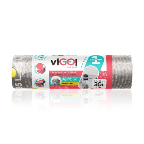 viGO! - Zugband Müllbeutel 35L (15 Stück) I LD Müllsäcke I Müllbeutel mit Zugband Extra Stark I 3-Schicht-Prägefolie I Zugfest und Reißfest I Farbe Silver viGO! - Zugband Müllbeutel 35L (15 Stück) I LD Müllsäcke I Müllbeutel mit Zugband Extra Stark I 3-Schicht-Prägefolie I Zugfest und Reißfest I Farbe Silver von viGO