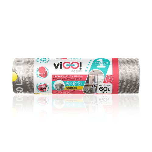 viGO! - Müllbeutel I mit Zugband I 1 Rolle I 60 Liter x 10 Stück I LD Müllsäcke I 3-Schicht-Prägefolie I Zugfest und Reißfest I Dauerhaft I 4 Seasons Silver viGO! - Müllbeutel I mit Zugband I 1 Rolle I 60 Liter x 10 Stück I LD Müllsäcke I 3-Schicht-Prägefolie I Zugfest und Reißfest I Dauerhaft I 4 Seasons Silver von viGO