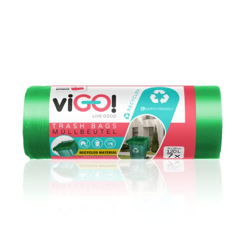 viGO! - Müllbeutel I zur Mülltrennung I 1 Rolle I 120 Liter x 7 Stück I LDPE Müllsäcke I 100% aus Recyceltem Material I Einfach Schließsystem I Trennung von Glas - Grün von viGO