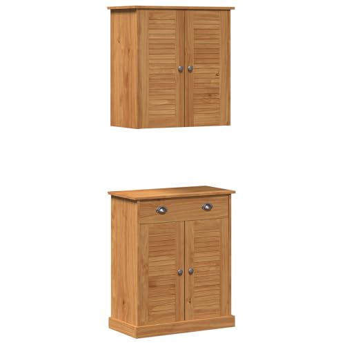 vidaXL Rustikales Sideboard aus massivem Holz in honigbraun. Naturholz mit metallisch lackierten Knöpfen, Türen mit Scharnieren und traditionellen Schubladen. Hat Brett-Regale. von vidaXL