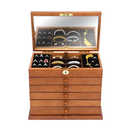 vinnyooc 6 Schichten Schmuckkasten, Schmuckaufbewahrung Schachtel, Holz Schmuckkasten mit Spiegel, Tastensperre Schmuckkoffer, Abschließbar Aufbewahrungsbox für Anhängern Armbändern Halsketten Ringen von vinnyooc