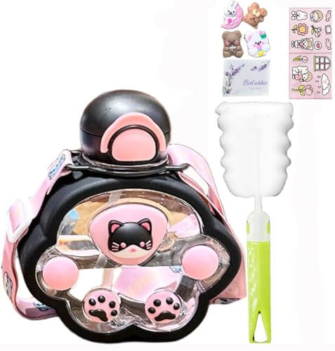 viva story Katzenpfoten-Reiseflasche mit Strohhalm, Bär, Eis-Trinkbecher, Milchkaffee, Cartoon, Bagger, Plastikbecher für Picknick, Party, Geburtstagsgeschenk, (Katzenpfote, Schwarz Rosa, 520 ml) von viva story
