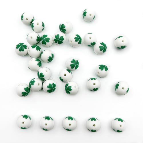 30 Stück bedruckte Silikon-Perlen mit Kleeblatt-Druck, 15 mm, runde Silikon-Abstandshalter für Schlüsselanhänger, Armband, Halskette 30 Stück bedruckte Silikon-Perlen mit Kleeblatt-Druck, 15 mm, runde Silikon-Abstandshalter für Schlüsselanhänger, Armband, Halskette von vokoko