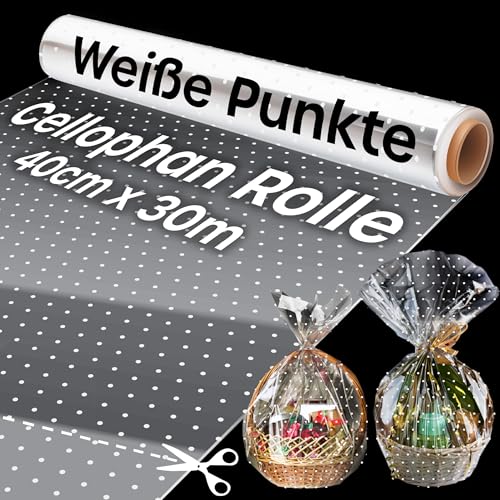 volila Geschenkfolie Transparent (Weiße Punkte) – 40cm x 30m Cellophanfolie für Geschenkkörbe – 3mm Dicke Vielseitig Einsetzbare Klarsichtfolie für Blumensträuße, Floristenfolie, Essenspaket (1 Rolle) von volila