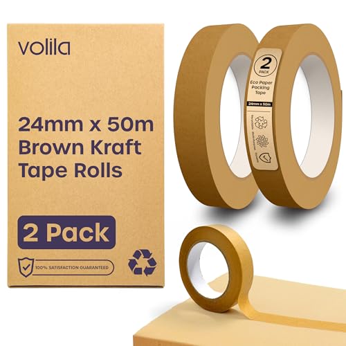 volila Papierklebeband - 2er Pack Braune Paketklebeband Papier - Kraftpapier Papier Klebeband für Umzugskartons, Rahmenband und Verpackungspakete - Recycelbares Band mit starker Klebkraft (24mm x 50m) von volila