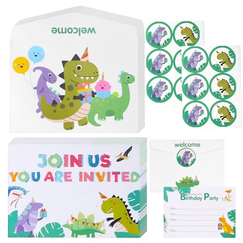volumoon 12 Stück Einladungskarten zum Geburtstag, Aquarell-Dinosaurier-Partyeinladungen, Dinosaurier-Partyeinladungen, Dino Einladungskarten Kindergeburtstag für Jungen, Mädchen (B) von volumoon