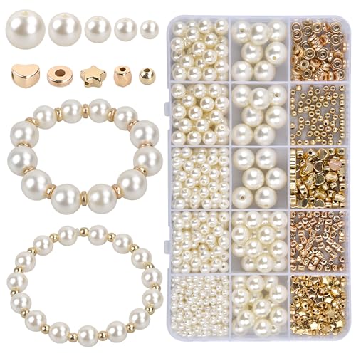 volumoon Perlen zum Auffädeln, 720 Stück Weiße Perlen Set, Armbänder Perle Runde, Schmuckperlen, Distanzperlen, Bastelperlen mit Aufbewahrungsbox, Kunstperlen für Halsketten Armbänder Dekoration von volumoon
