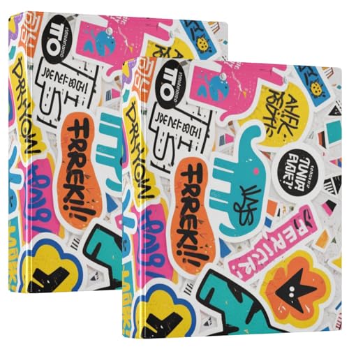 3,8 cm (1 1/2 Zoll) Notizbuchordner, drei Ringe, Cartoon, cool und bunt, Graffiti mit Klemmbrett, 2 Stück, ästhetischer Ordner, 200 Blatt von voucong
