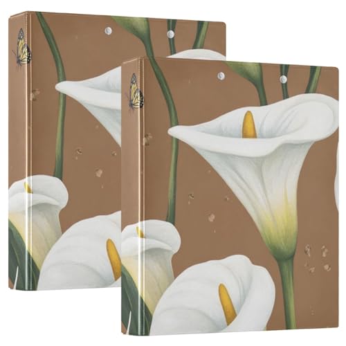 3,8 cm große Ordner, runde Ringe, Cartoon-Calla-Lilie, Blume, Braun, mit Klemmbrett, 2 Stück, ästhetischer Ordner, Hardcover von voucong