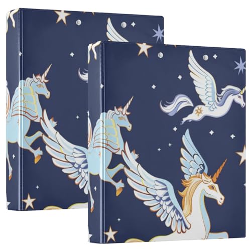3,8 cm große Ordner mit 3 Ringen, Cartoon-Einhörner, Pegasus, Marineblau, mit Klemmbrett, 2 Stück, Bürobedarf, Hardcover von voucong
