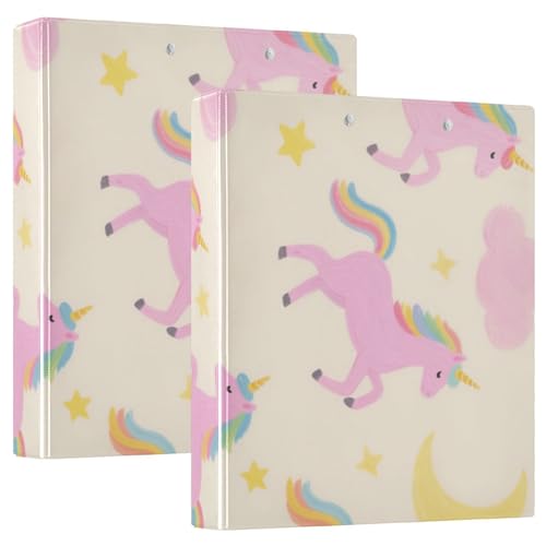 3-Ringbuch mit 3 Ringen, niedliches Cartoon-Design, rosa Regenbogen-Einhörner mit Klemmbrett, 2 Stück, ästhetischer Ordner, Hardcover von voucong