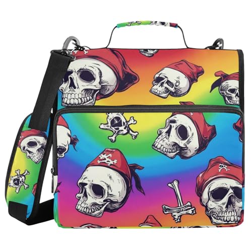 3-Ringbuch mit Totenköpfen, Piratenmotiv, scharlachrot, Regenbogenfarben, 3,8 cm, mit Reißverschluss, mit Schultergurt, mehrere Taschen, tragbares Portfolio für Büro, Schule von voucong