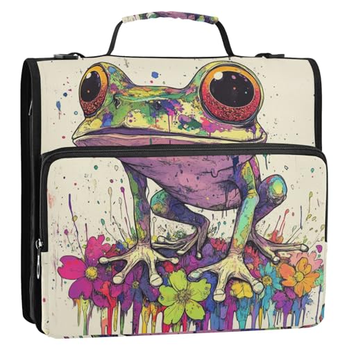 Aesthetic Frog Art Painting 3,8 cm 3-Ring-Ordner mit extra Taschen mit Riemen, inklusive Reißverschlusstasche, Dokumentenmappe für Schule/Büro von voucong