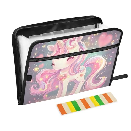 Akkordeon-Aktenordner mit niedlichem Cartoon-Motiv, bunte Einhörner, glitzernde Sterne, 13 Taschen, A4, Briefgröße mit Reißverschluss, für Ordner, Organizer mit Taschen Akkordeon-Aktenordner mit niedlichem Cartoon-Motiv, bunte Einhörner, glitzernde Sterne, 13 Taschen, A4, Briefgröße mit Reißverschluss, für Ordner, Organizer mit Taschen von voucong