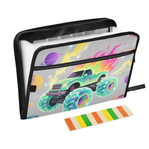 Akkordeon-Ordner mit niedlichem Cartoon-Truck, 13 Taschen, A4, Briefgröße mit Reißverschluss, für breite Aktenordner, Grau Akkordeon-Ordner mit niedlichem Cartoon-Truck, 13 Taschen, A4, Briefgröße mit Reißverschluss, für breite Aktenordner, Grau von voucong