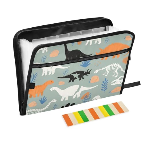 Aktenordner mit niedlichem Cartoon-Dinosaurier-Motiv, 13 Taschen, A4, Briefgröße mit Reißverschluss, zum Erweitern von Hängeregistraturen, Grau von voucong