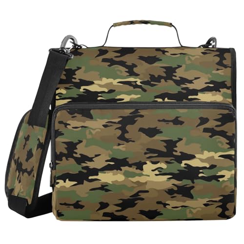 Armee-Camouflage-Mappe mit 3 Ringen, 3,8 cm, mit extra Taschen und Riemen, mehrere Taschen, Reißverschluss, Portfolio für Schule und Büro von voucong