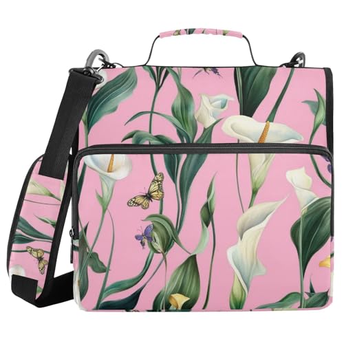 Art Calla Lily Ringbuch mit 3 Ringen, mit extra Taschen, mit Riemen, inklusive Reißverschlusstasche, Schulbedarf, Organizer für Schule und Büro von voucong