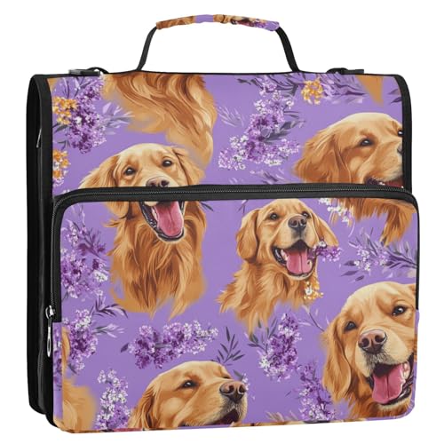 Art Golden Retriever Dogs Aktenordner mit 3 Ringen, Reißverschluss, mit Schultergurt, einfach zu transportieren, 3,8 cm, Violett von voucong