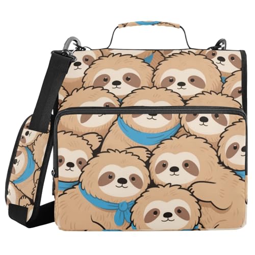 Bindertasche mit niedlichem Cartoon-Faultier-Design, 3 Ringe, 3,8 cm, Reißverschluss, mit Schultergurt, inklusive Reißverschlusstasche, Dokumentenmappe, Organizer für Schule und Büro, Beige von voucong