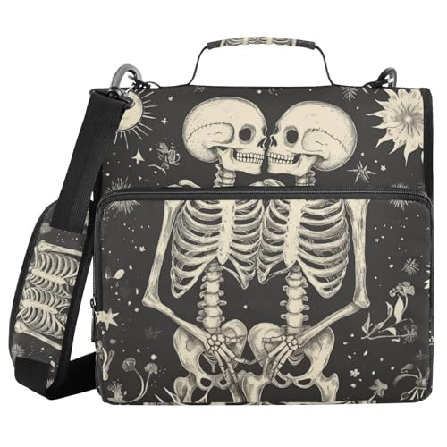Boho Skelette 3 Ringe 3,8 cm Reißverschluss Ordner mit Schultergurt inklusive Reißverschlusstasche Dokumentenmappe Organizer für Mittelschüler von voucong