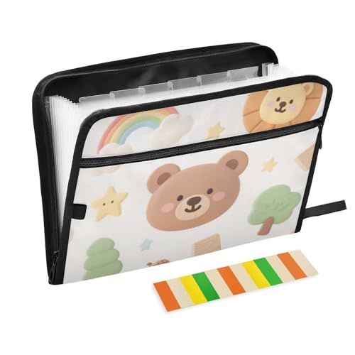 Büroordner mit niedlichem Cartoon-Motiv, Braun, Regenbogen-Teddybär, 13 Taschen, A4, Briefgröße mit Reißverschluss, für Ordner mit Taschen von voucong