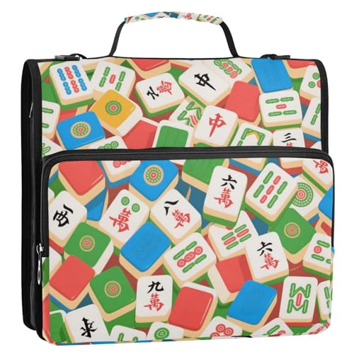 Bunte Cartoon-Mahjong-Mappe, 3,8 cm, 3 Ringe, Reißverschluss, mit Riemen, mehrere Taschen, Portfolio-Organizer, geeignet für Mittelschule von voucong
