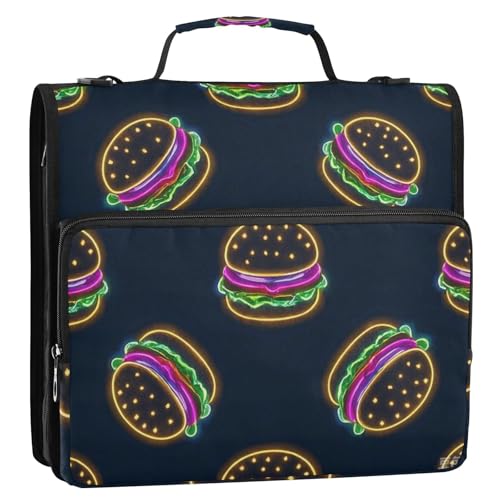 Bunter neonfarbener fluoreszierender Burger-Tasche mit 3 Ringen und Reißverschluss, mit Griff, inklusive Reißverschlusstasche, Dokumentenmappe, Organizer, geeignet für Mittelschule von voucong