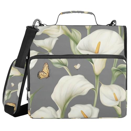 Calla-Lilien-Blumen-Schmetterlings-Ordner mit 3 Ringen, Reißverschluss, mit Schultergurt und Griff, mehrere Taschen, Dokumentenmappe, Organizer, für Büro, Schule, 3,8 cm, Grau Calla-Lilien-Blumen-Schmetterlings-Ordner mit 3 Ringen, Reißverschluss, mit Schultergurt und Griff, mehrere Taschen, Dokumentenmappe, Organizer, für Büro, Schule, 3,8 cm, Grau von voucong